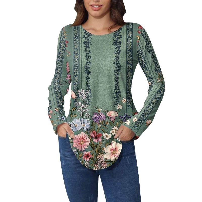 Shirts for Women Cute Vintage Pattern Print T-Shirt Long Sleeve Tunic Tops Cotton Pullovers T-Shirts Women’s