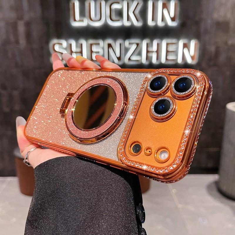 

Чехол для телефона iPhone 17 Pro Max со стразами и блестками, с подставкой-зеркальцем для макияжа и магнитной противоударной конструкцией 17 Pro Max