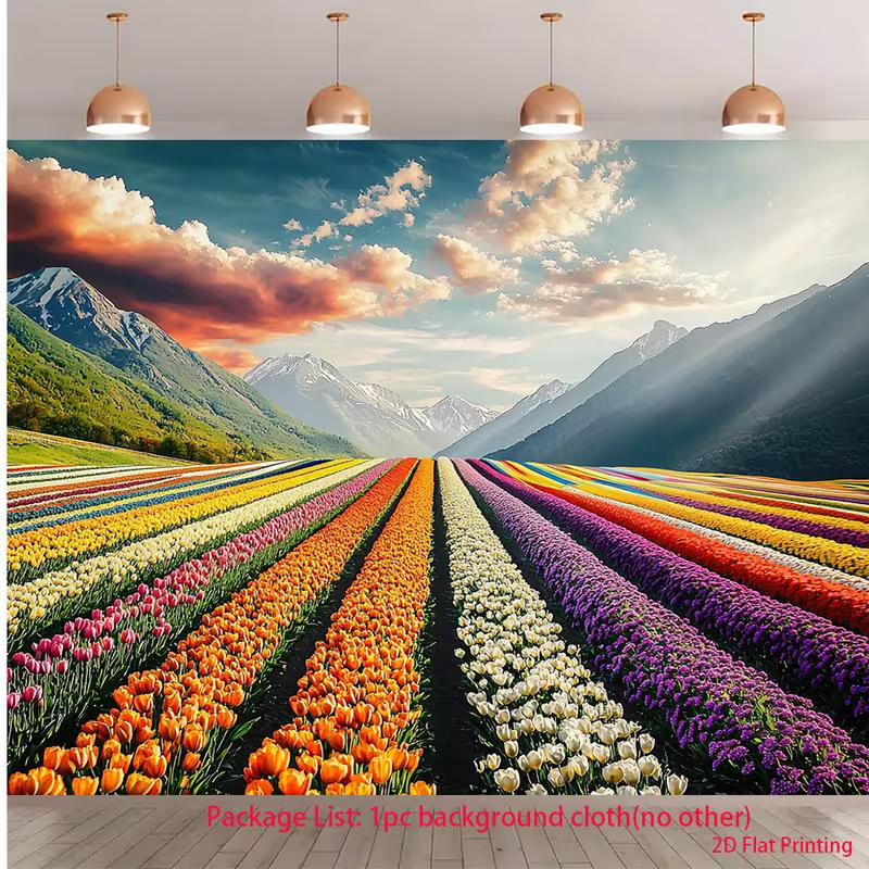 2D Spring Nature Tulip Farm Backdrop Scenic Mountain Landscape Party Photo Booth Cloth