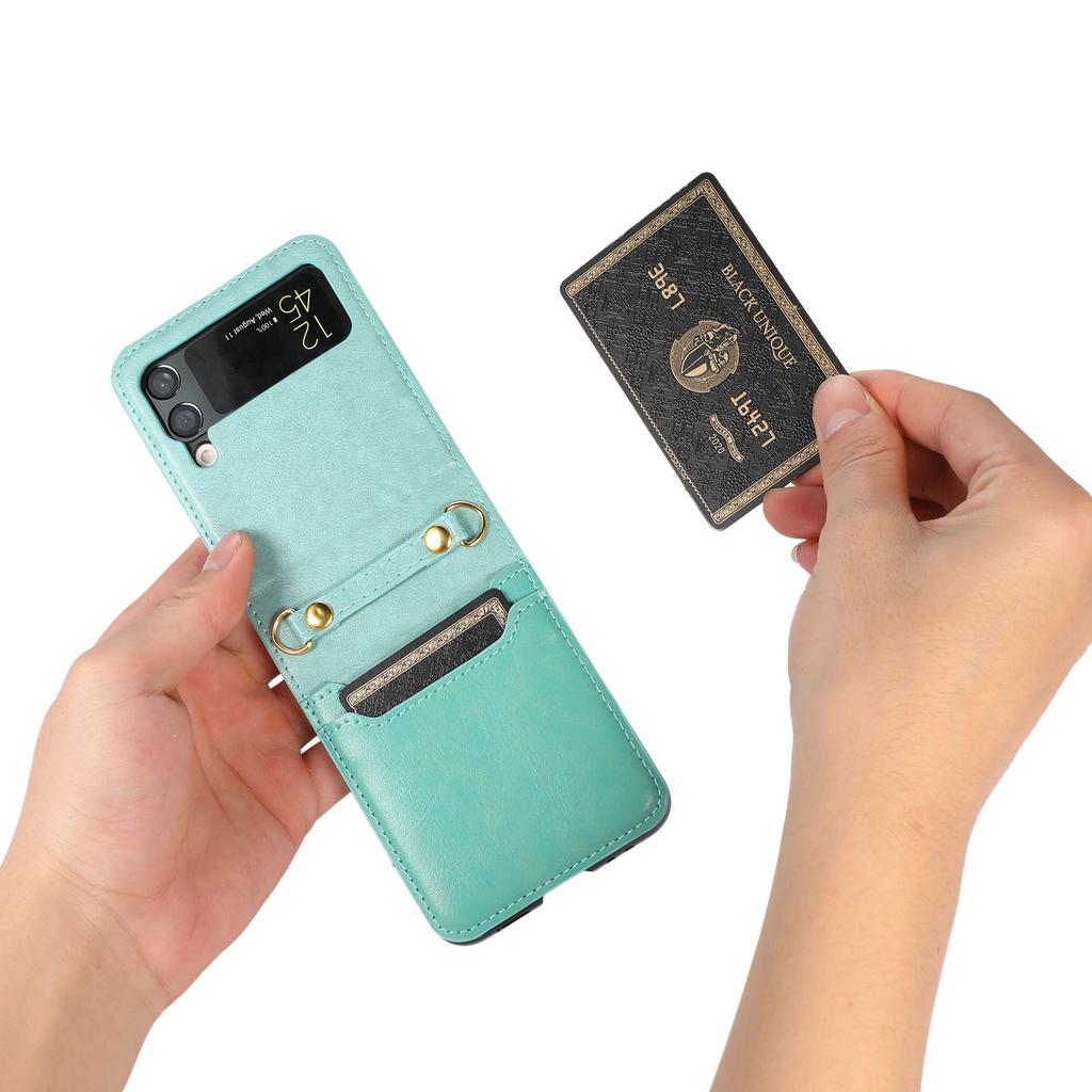 Applicable To Samsung Z Flip7 Mobile Phone Case Z Flip5 Folding Mobile Phone Solid Color Card Insert Leather Case Strap Diagonal Strap Rope