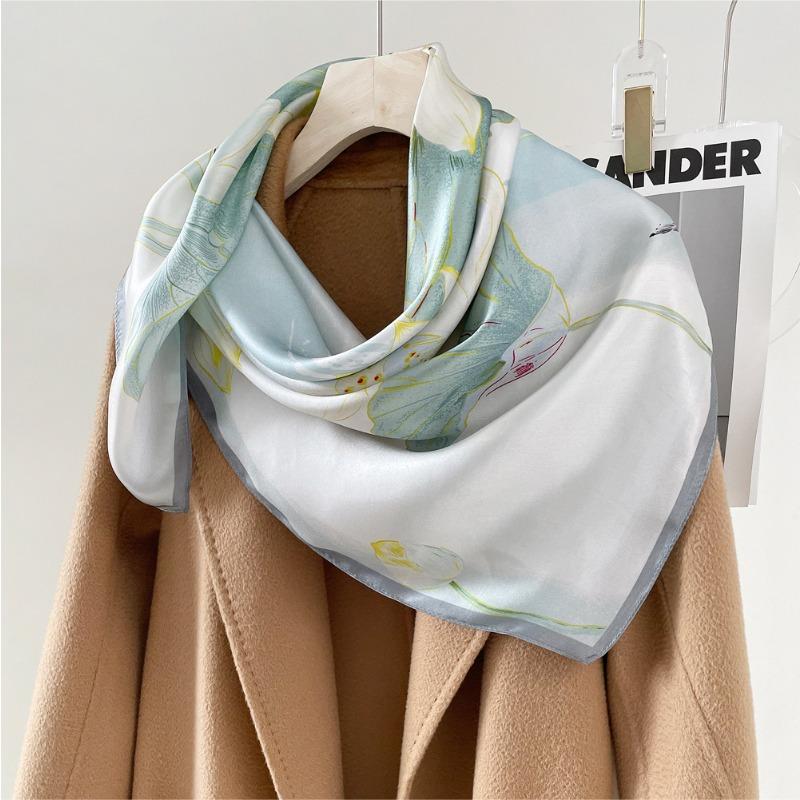 Spring and Autumn New Lotus Plain Crepe Satin Printed Shawl Premium 100 Mulberry Silk Silk Scarf Versatile Silk Square Scarf