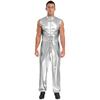 Herren glänzender metallischer ärmelloser Reißverschluss Ganzkörper-Jumpsuit Bodysuit