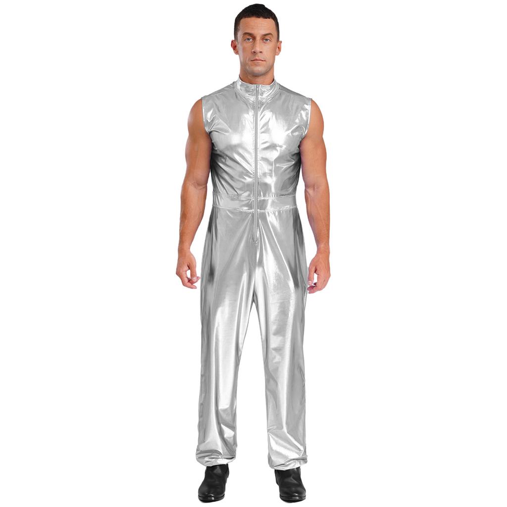 Herren glänzender metallischer ärmelloser Reißverschluss Ganzkörper-Jumpsuit Bodysuit