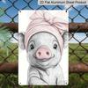 2D Flach, Niedliches Schwein mit rosa Handtuch-Turban Metallschild Lustiges Badezimmer Aluminium Wanddekor, Badezimmer- und Gäste-WC-Wand, Kinderbadezimmer-Dekoration, Bauernhaus