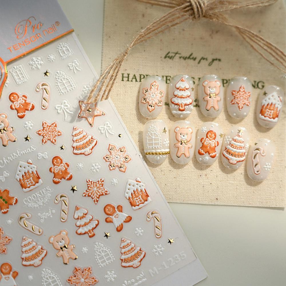 Christmas Cookies Snowflake Christmas Tree Gingerbread House Gold Stamped 3D Self Adhesive Nail Art Sticker Xmas Manicure Decals