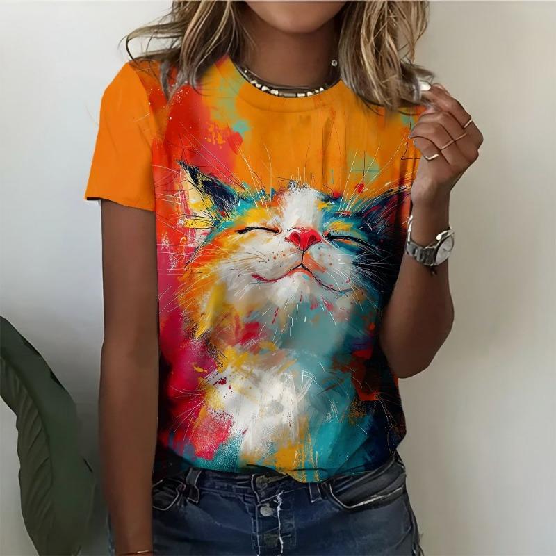 Süße Katze Tier 3D Druck T-Shirts Sommer Mode Damen Rundhals Kurzarm T-Shirt Tees Harajuku Y2K Tops Damenkleidung