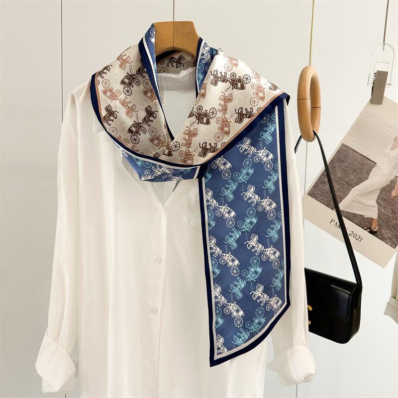 Silk Scarf Women's Blue Pony Carriage Temperament Mulberry Silk Silk Scarf Thin, Narrow and Long Double-sided Scarf Streamer