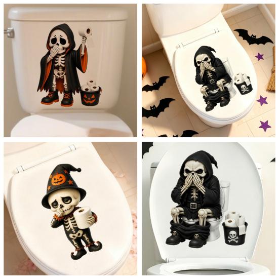 Waterproof PVC Toilet Art Halloween Skeleton Sticker, Funny Pooping Lid Decal, Dark Humor Decal Adhesive Bathroom Sticker for Tank, Holiday Home Decor