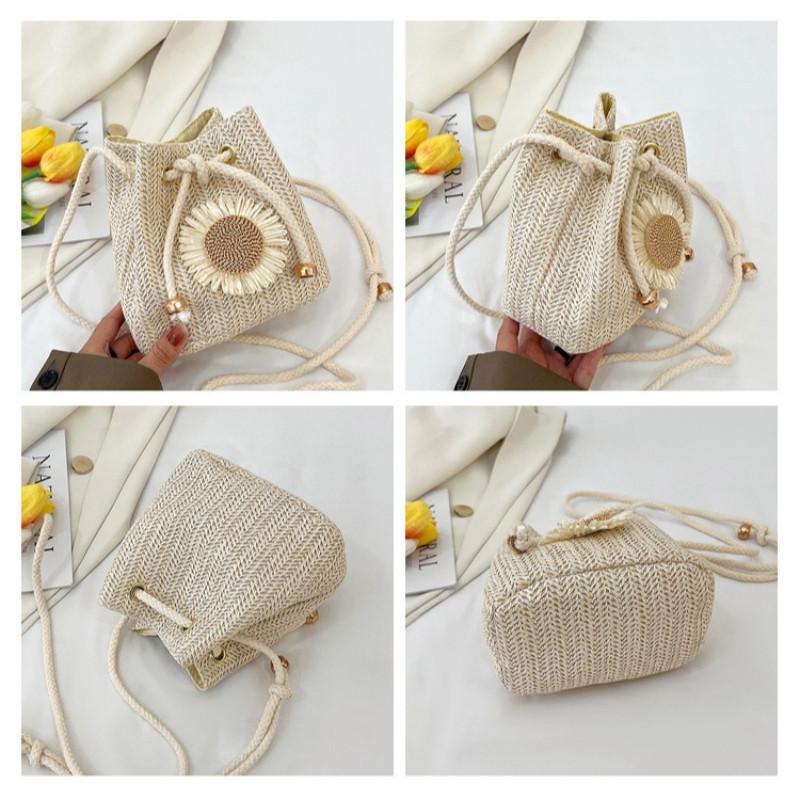 2026 Summer New Style Straw Woven Bucket Bag For Women Fashion Small Crossbody Shoulder Bag With Cherry Sunflower Decor