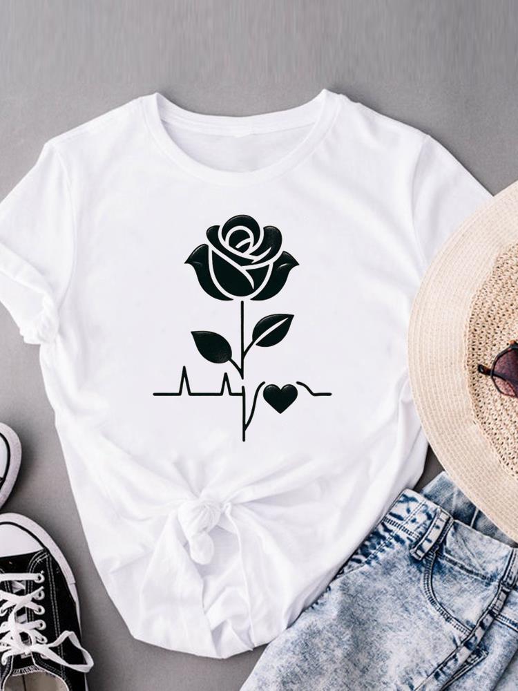 (Asian Size)  watercolor love flower Print Short Sleeve T-shirts Fashion Female Casual Women's Top T Clothing  Graphic Tee