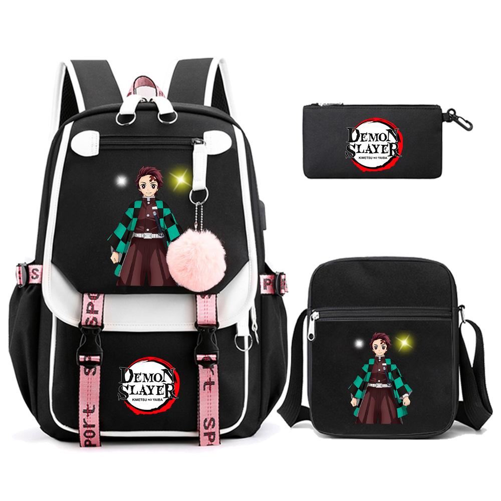 3 Stück/Set Anime Cartoon Demon Slayer Aufdruck Rucksack mit Umhängetasche für Teenager Schüler Große Kapazität Wasserdicht Schultasche Mochila