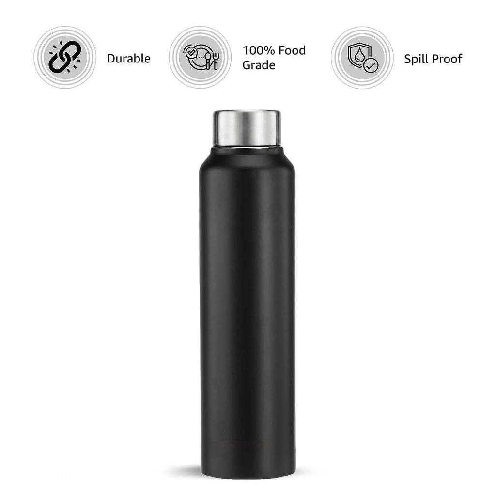 Stainless Steel Water Bottle | BIS-Approved | 900ml (Matte Black)