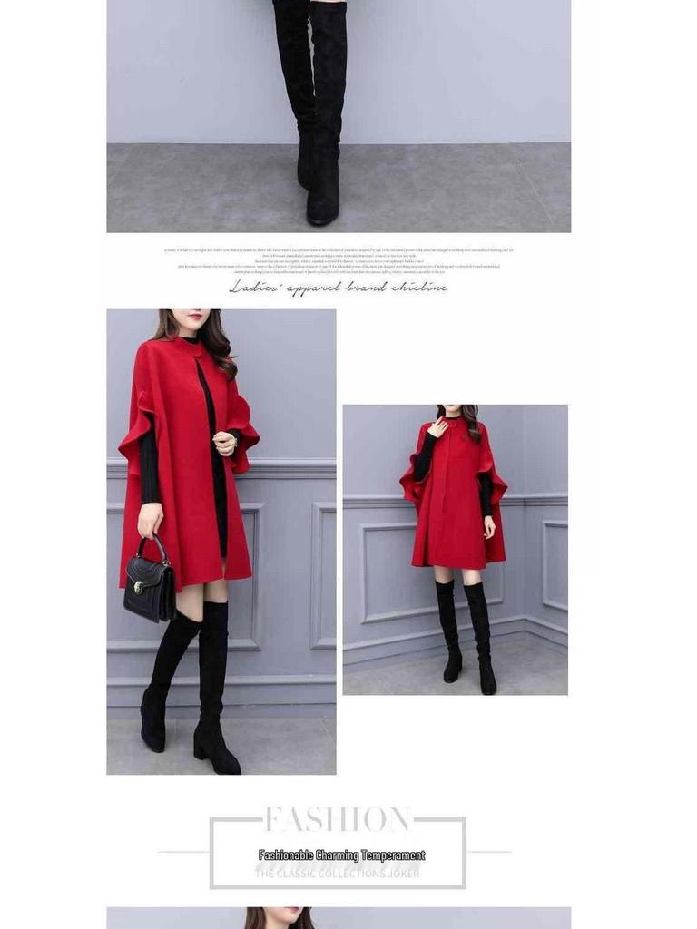 Women's Plus Size Red Wool A-Line Cloak Coat - Mid-Length, Perfect for Spring, Autumn, & Winter.
