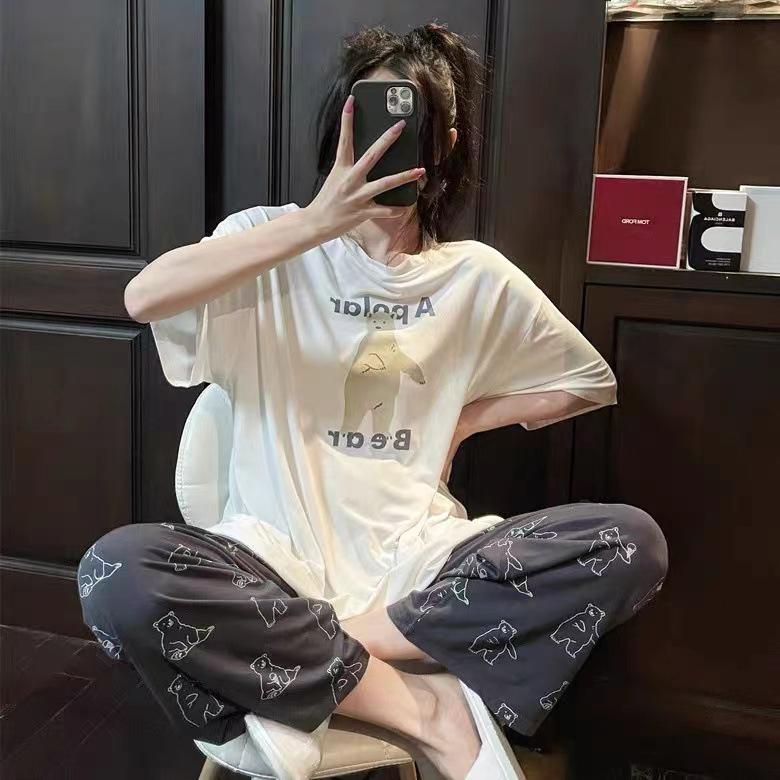 

Женский летний мультяшный пижамный комплект - Круглый вырез, Короткий рукав, Легкие брюки для весны и осени 2XL