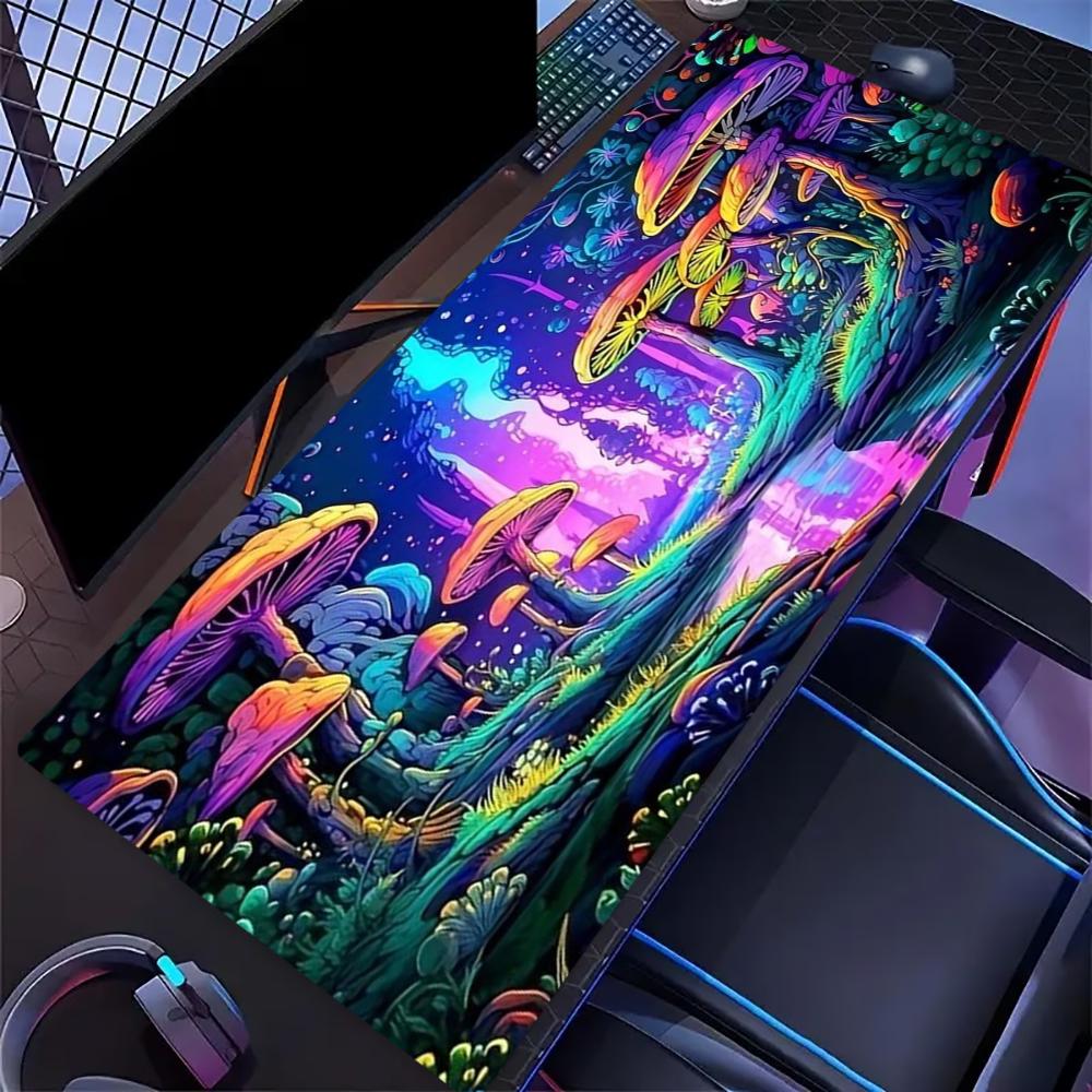 Neon Mushroom Large Desk Mat Non Slip Gaming Mouse Pad Stitched Edge Trippy Forest Keyboard Mat For Pc Laptop Office Stationery