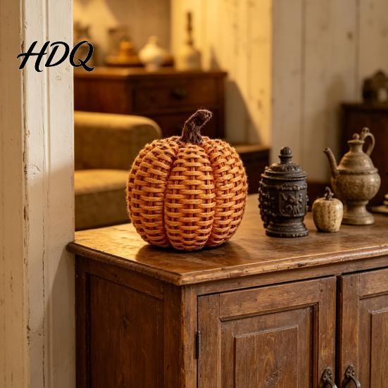 Unique Halloween Party Decoration Faux Rattan Resin Pumpkin Figurine, Vintage Distressed Orange Black Farmhouse Tabletop Rustic Fall Home Decorations