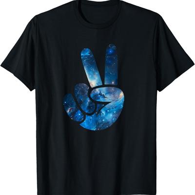 Ästhetische Silhouette Sterne Weltraum Galaxie Friedenszeichen Hand T-Shirt(3)