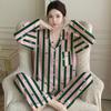 Fashion Ice Silk Thin Pajamas Women'S Spring High-End Silk Striped Cartoon Loungewear Long-Sleeved Two-Piece Set