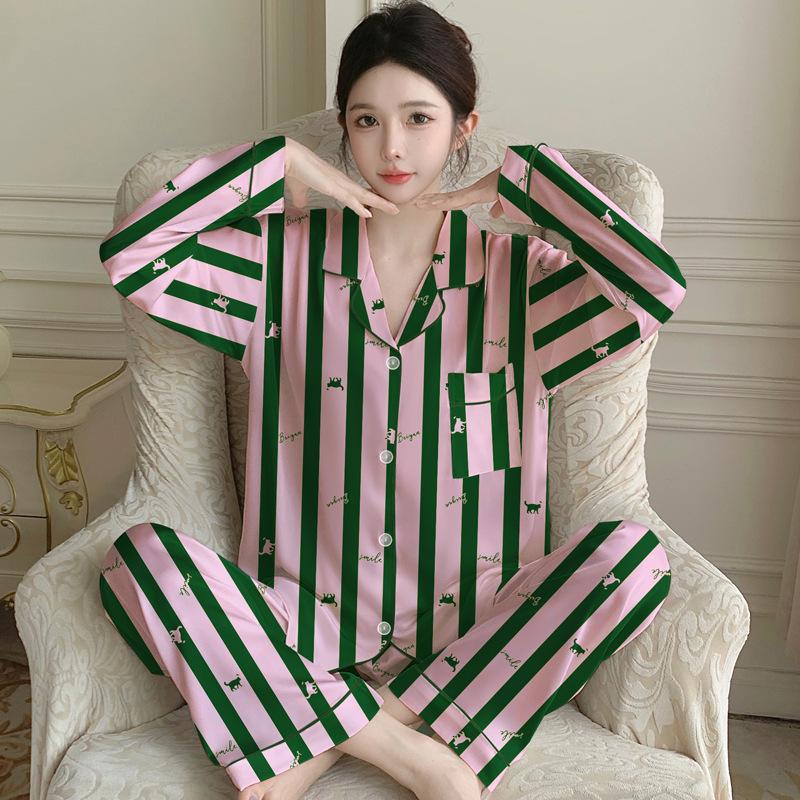 Fashion Ice Silk Thin Pajamas Women'S Spring High-End Silk Striped Cartoon Loungewear Long-Sleeved Two-Piece Set
