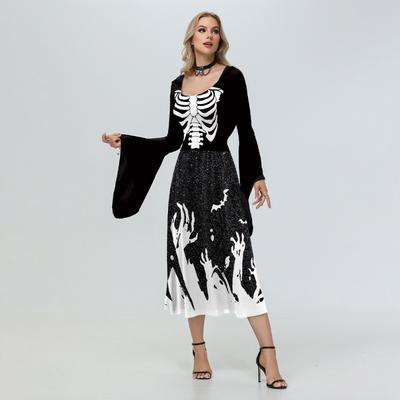 Halloween heks capuchon skelet spin grappig patroon digitale print rok wijd uitlopende mouw jurk dames