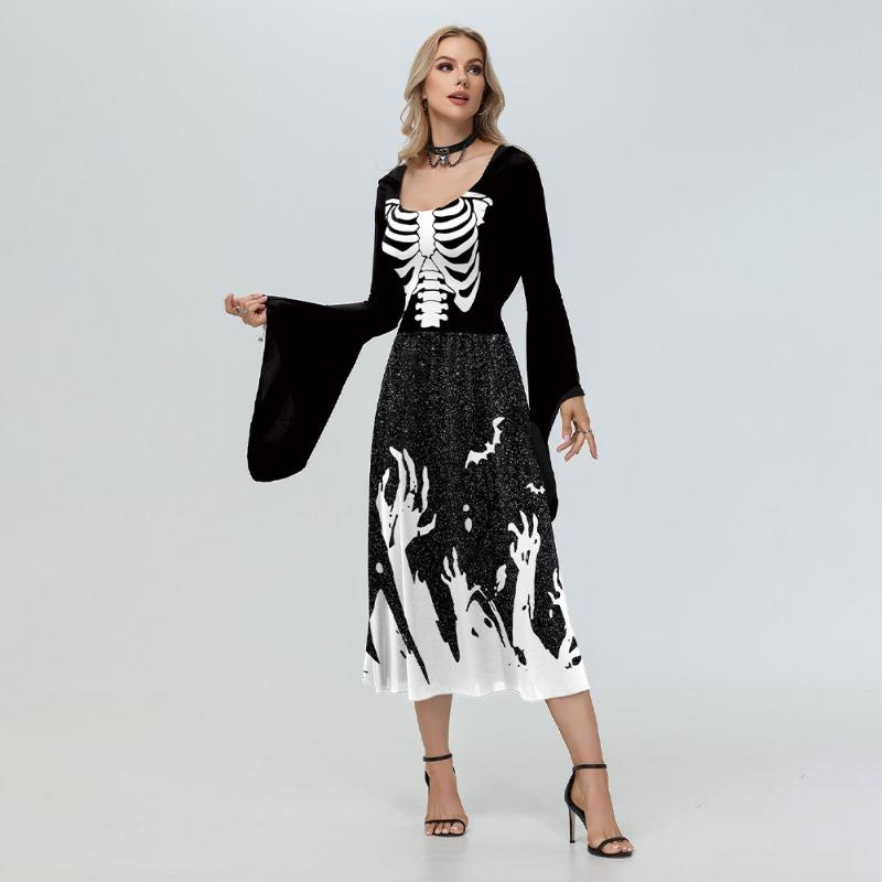 Halloween Witch Hooded Skeleton Spider Funny Pattern Digital Print Skirt Flared Sleeve Dress Women