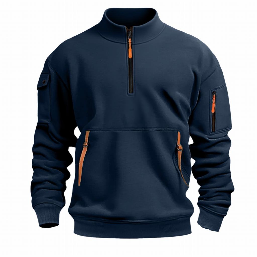 Stand-up Collar Spring and Autumn Men's Sweatshirt Zipper Multi-pocket Semi-zipper Pullover Sports and Casual Top