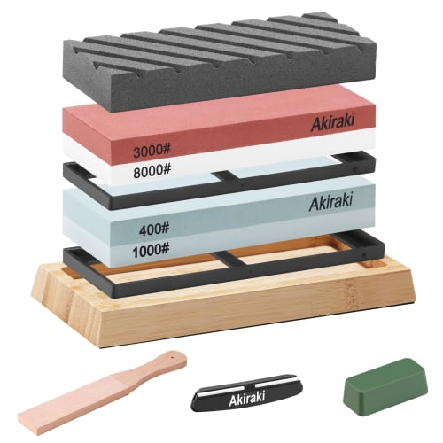 

Набор точильных камней Akiraki, Двусторонний камень для заточки ножей, #400, #1000, #3000, #8000, Грубый, Средний, Финишный, Для доводки поверхности, с держателем для фиксации угла