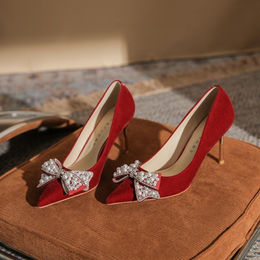817-9 High heels women's 2025 new Xiuhe wedding shoes pointed rhinestone pearl bow stiletto shoes