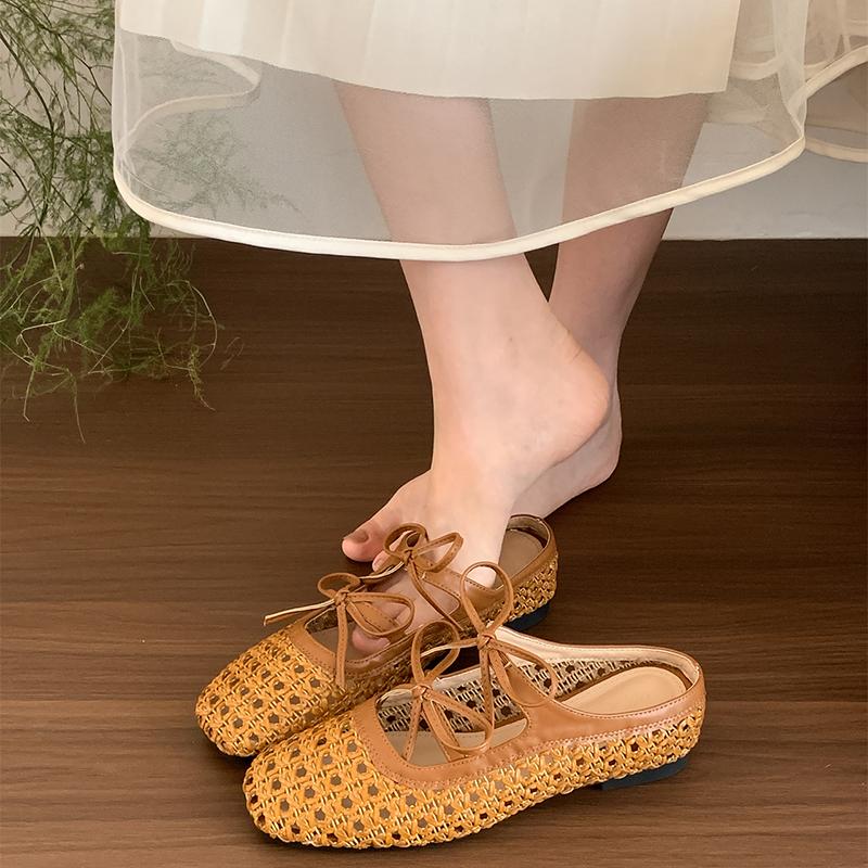 

Summers Cover Toe Weave Women Slippers Elegant Comfortable Slip On Slingback Mules Slides Shoes 40