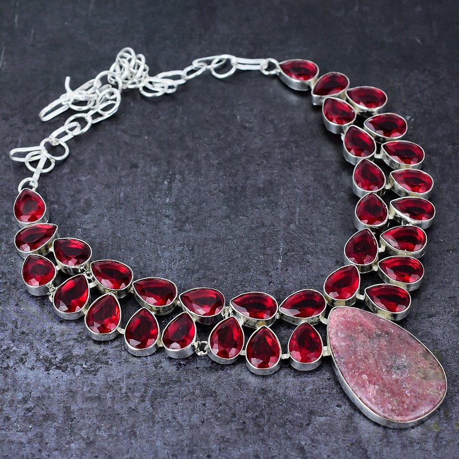 Natural Rhodonite,Garnet Gemstone Handmade 925 Sterling Silver Necklace 18" U9t87