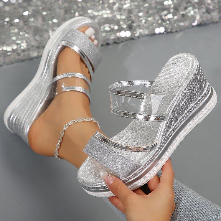 Wide fish mouth wedge sandals summer new thick-soled large-size beach women's shoes