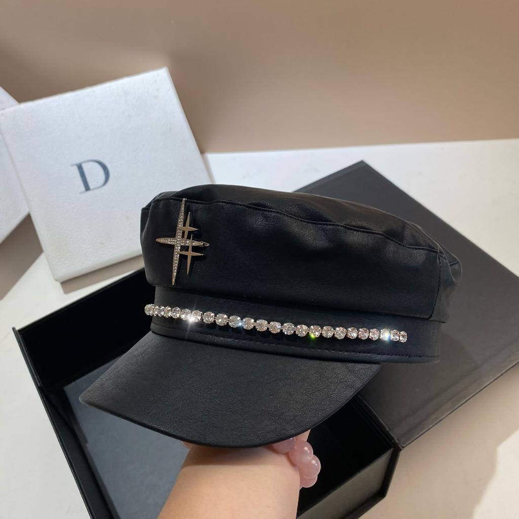 Autumn and Winter Trendy Sweet and Cool Soft Leather Imitation Lambskin Navy Hat Fashionable Versatile Black Rhinestone Star Duck Tongue Newsboy Hat