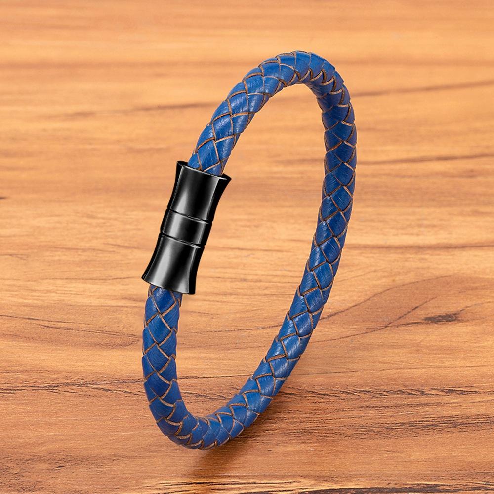 Unisex Armband Schwarz Braun Blau Echtes Geflochtenes Echtes Leder & Edelstahl Armband mit Schnallenverschluss Herren Armband