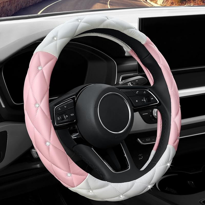 YOGURTCK Diamond Soft Leather Anti-Slip Steering Wheel Cover with Bling Bling Crystal Rhinestones, Universal 15 Inch for Women Girls, Fit Vehicles,