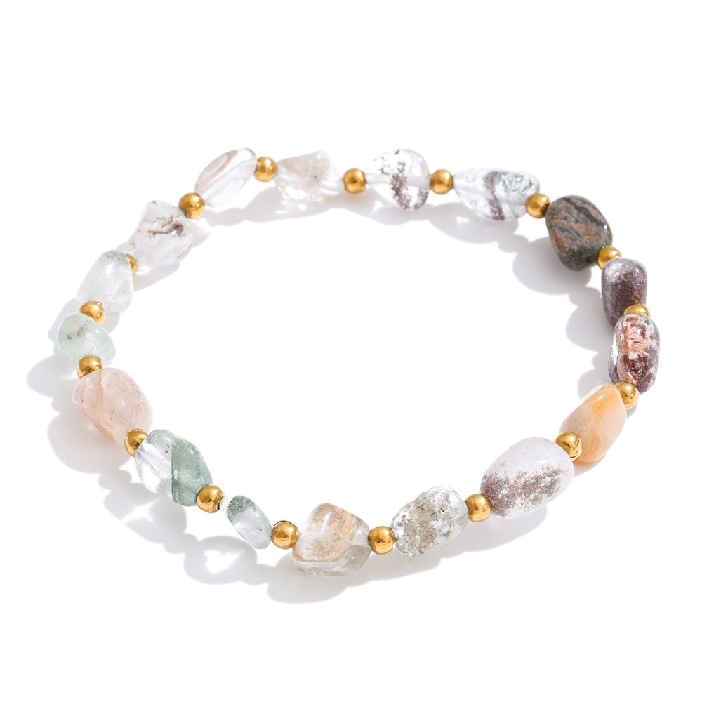 

Yhpup Stainless Steel Handmade Beads Bracelet Bangle Trending Strawberry Quartz Moonstone Adjustable Elastic Chain Wrist Jewelry