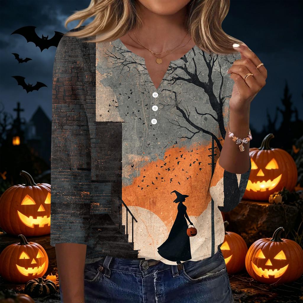 Women's Casual Halloween Print V Neck Button Front Three Quarter Sleeve T Shirt Top Lightweight Soft Fabric Comfortable Fit