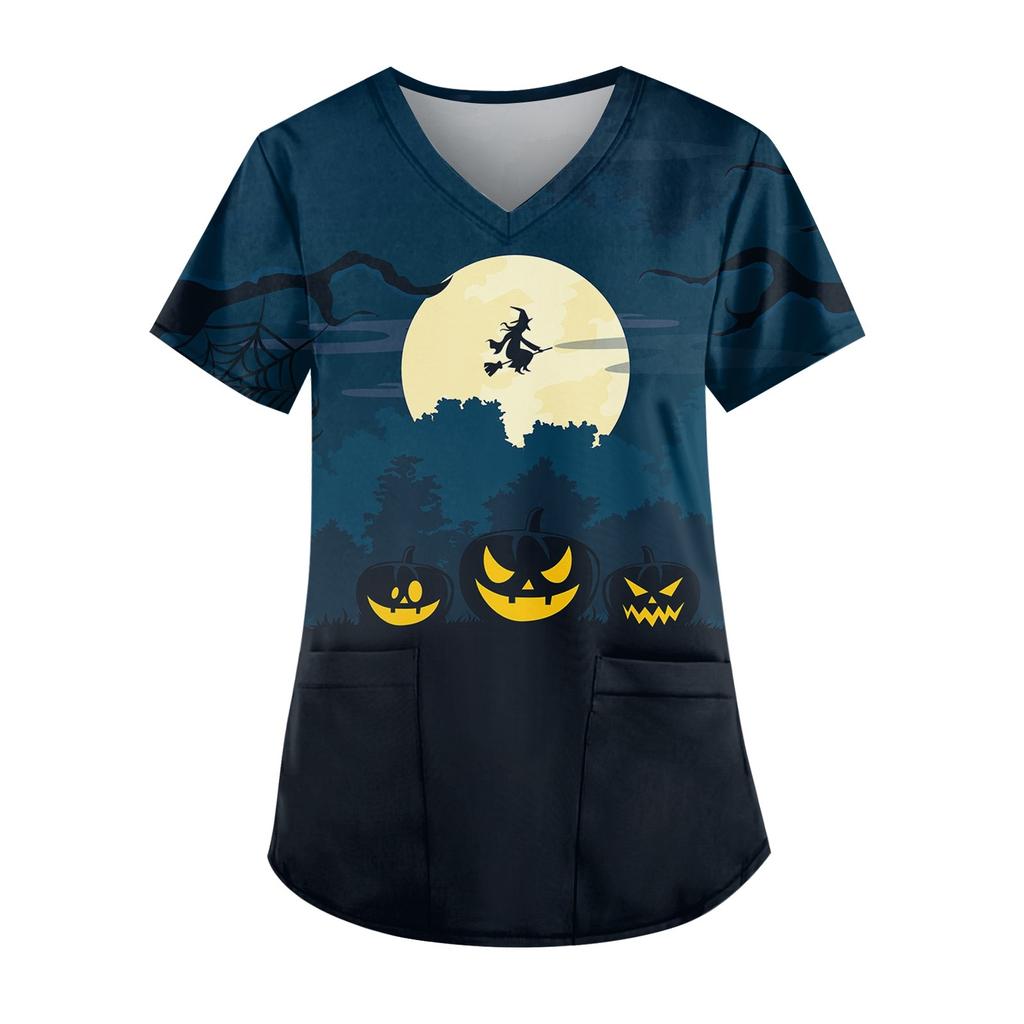 Women's Fashion V-Neck Short Sleeve With Pocket Halloween Printed T-Shirt Top