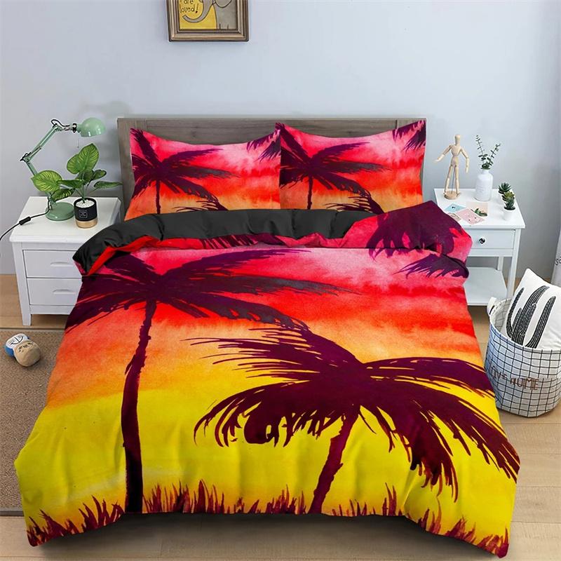 Tropical Coconut Palm Tree Duvet Cover King Queen Size Hawaii Sunset Bedding Set 3pcs Polyester Quilt Cover