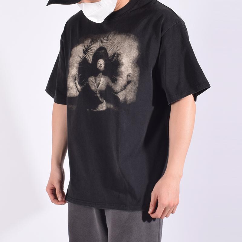 High quality VINTAGE TEE portrait pattern printed American casual summer washed retro loose sleeved street heavyduty Tshirt