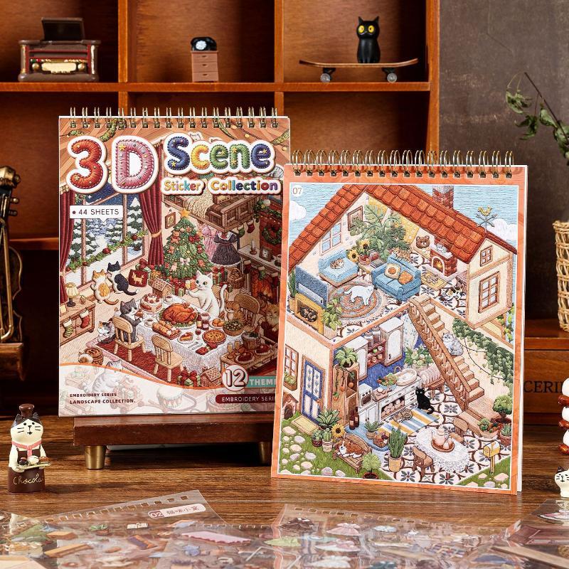 3D Scene Sticker Collection Book 44 Sheets 12 Embroidery‑Style Themes Layering Diorama Stickers Diy Scrapbooking