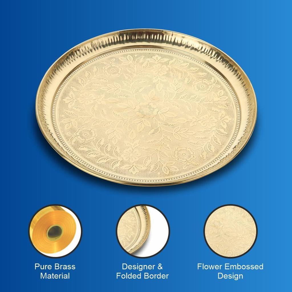 Handmade Pure Brass Puja Thali with Flower Embossed Design