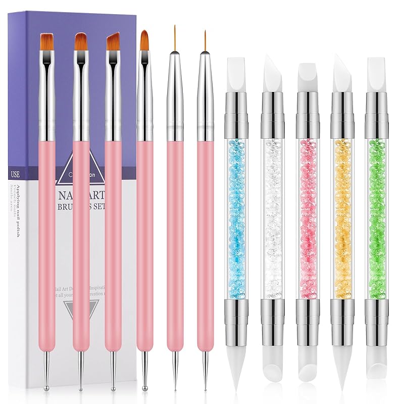 11PCS Nail Art Brushes & Nail Dotting Tools,Double Ended Tipped Silicone Nail Tools,Gel Polish Brush,Liner Brush,Dotting Pen for Home Salon DIY Kit