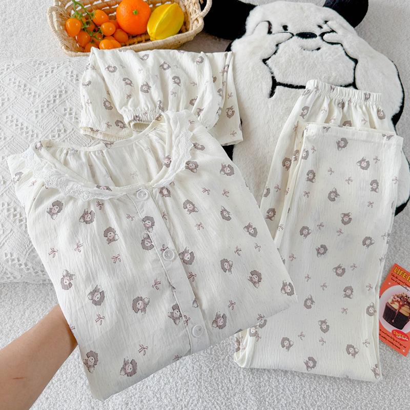 Simple Puppy Style Cute Round Neck Lace Cloud Cotton Light Luxury Pajamas Women'S Summer Three-Piece Set