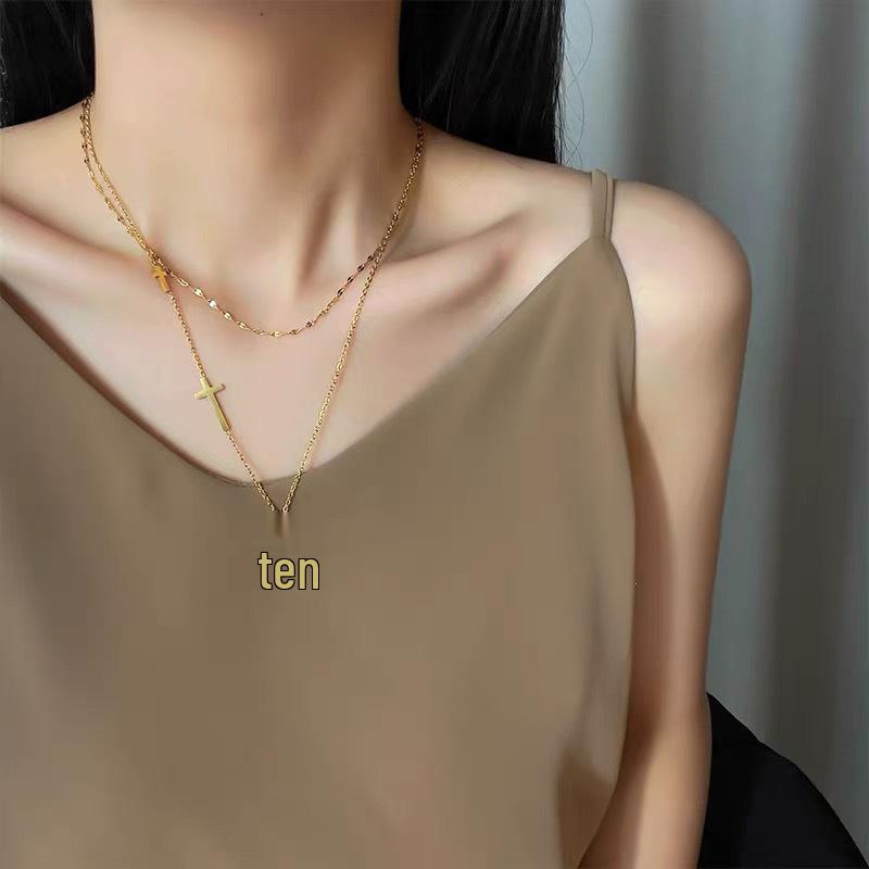 18K Gold Women's Double-Layer Cross Choker Necklace - Trendy Titanium Steel, Non-fading, Simple European & American Style