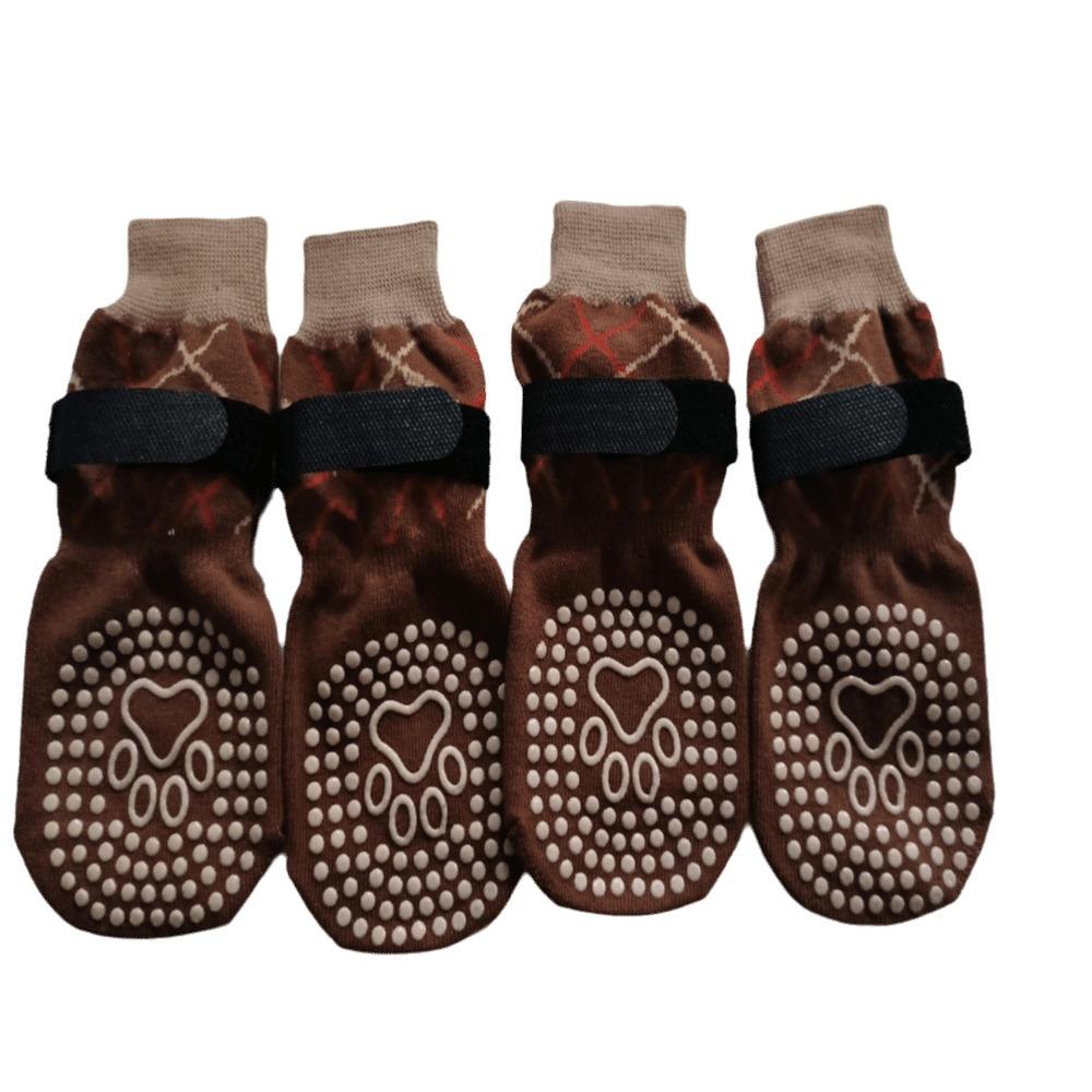 

4pcs/set Thickened Anti-Slip Dog Socks Adjustable Puppy Warm Sock Dog Footwear Outdoor Use M кавовий