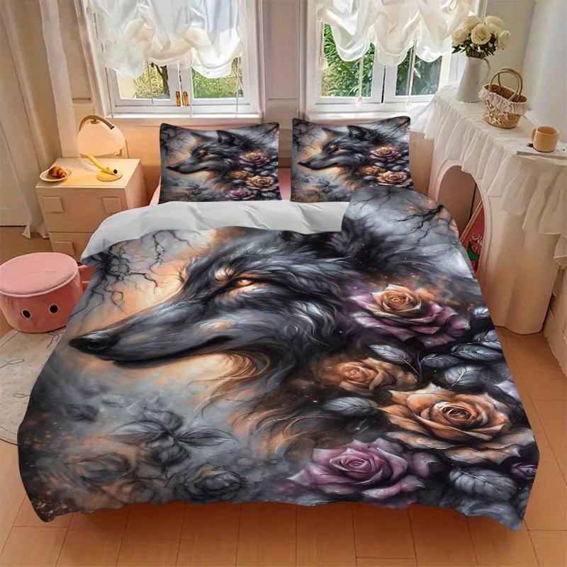 3pcs Wolf Roses Bedding Set Down Comforter Cover and Pillowcases, Suitable for Guest Room Home Decoration All Seasons(No Insert) S0819064
