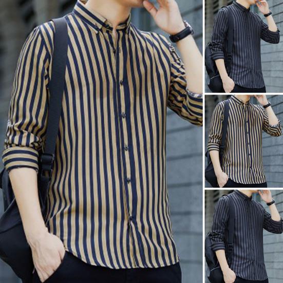 Men Shirt Formal Single-breasted Stripe Turn-down Collar Business Shirt for Work