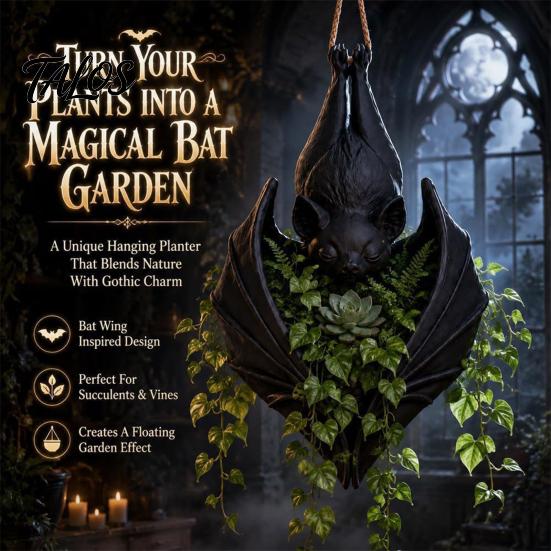 Gothic Style Plant Container Hanging Bat Pot, Resin Planter, Halloween Window Flower Basket for Trailing Vines, Artificial Plants, Indoor Outdoor
