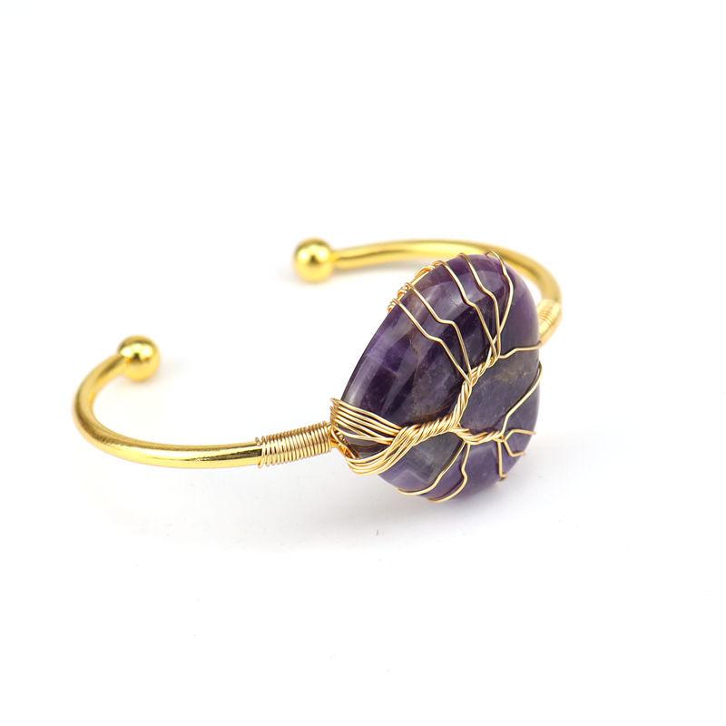 Handmade Gold Winding Natural Crystal Rough Stone Amethyst Heart-Shaped Tree Of Life Bracelet Bracelet Bracelet B24