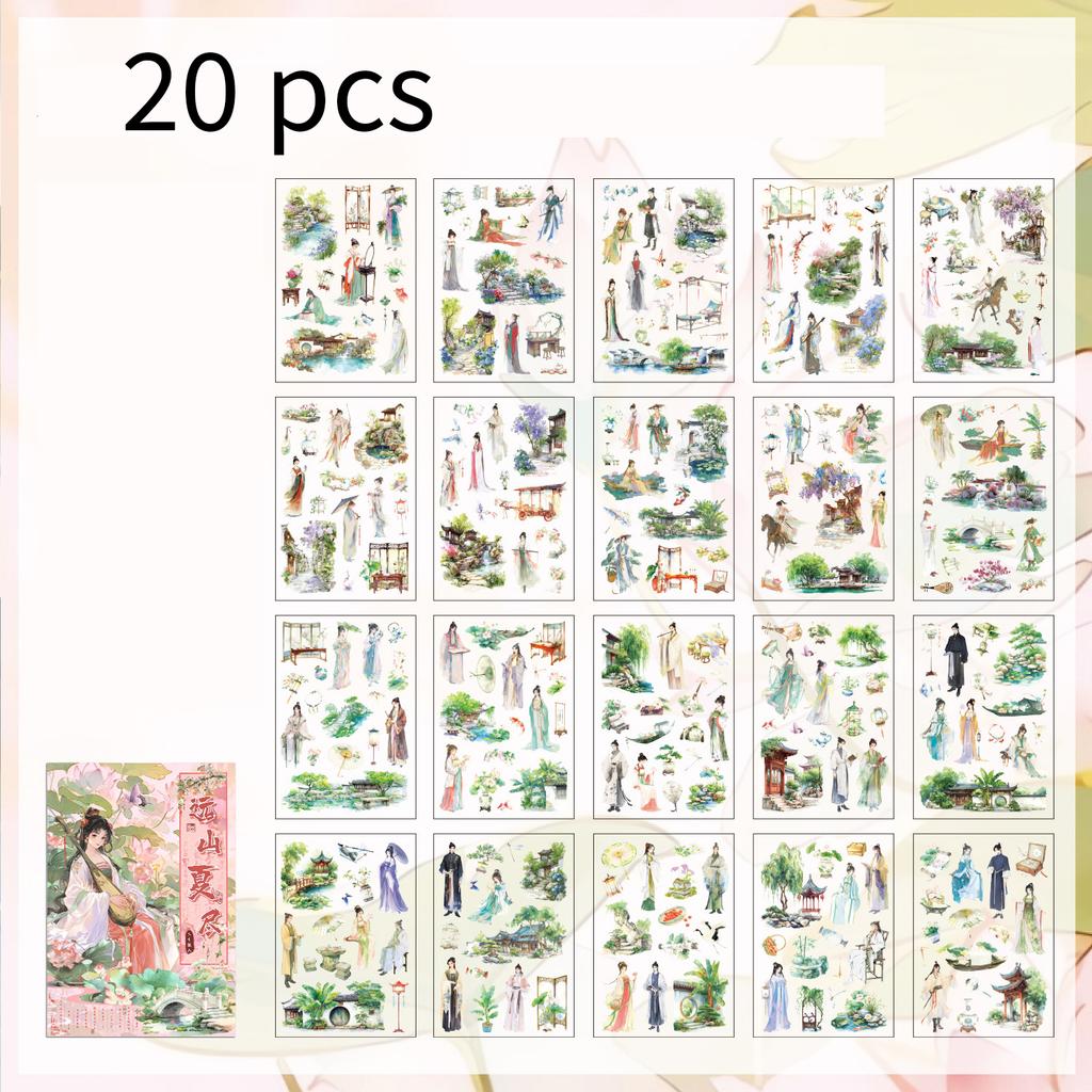20 Sheets Traditional Ink Wash Character Landscape Sticker, Ancient Chinese Art Decorative Paper Craft Kit,for DIY Projects
